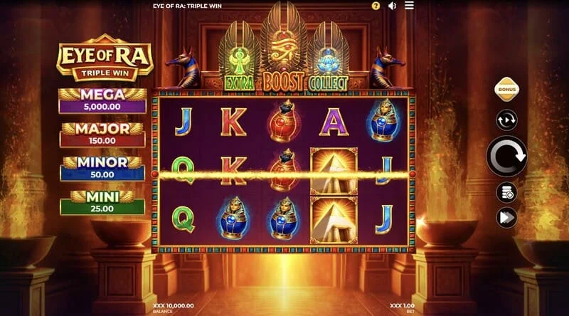 Eye of Ra Triple Win - główny ekran gry z pięcioma bębnami